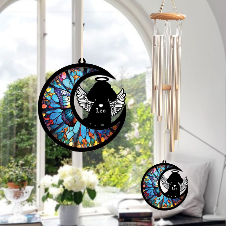 Custom Poodle Suncatcher Memorial Wind Chime, Pet Loss Sympathy Gift, Angel Wings and Halo, Butterfly Moon Pattern, Indoor Outdoor Decor image 8