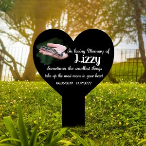 May include: Black heart-shaped memorial plaque with a lizard image, the text "In loving Memory of Lizzy", "Sometimes the smallest things take up the most room in your heart", and the dates "06.06.2019-11.12.2022".