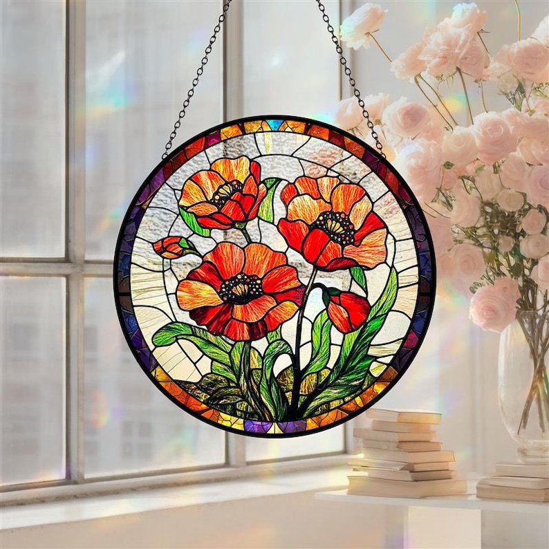 Poppy Flowers Suncatcher, Stained Glass Plant Home Decor, Unique Botanical Art Window Hanging, Artistic Poppy, Memory Day, Nana's Blessings