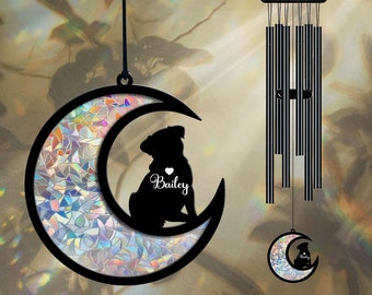 Custom Pug Dog on Moon Suncatcher Black Wind Chime, Dog Memorial Wind Chime, Dog Lover Gift, Pet Loss Sympathy Gift, Window Hanging