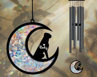 Custom Mastiff Dog on Moon Suncatcher Black Wind Chime, Dog Memorial Wind Chime, Dog Lover Gift, Pet Loss Sympathy Gift, Window Hanging