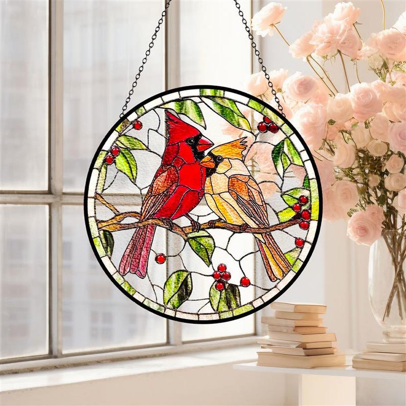 Cardinals Stained Glass Suncatcher, Cadinal Glass Art, Cardinal Lover ...