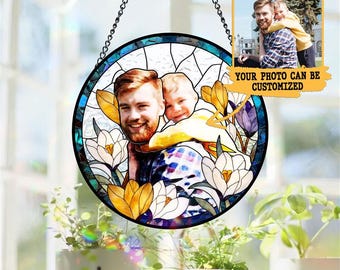 Personalized Dad Photo Suncatcher, Stained Glass Style, Father's Day Gift