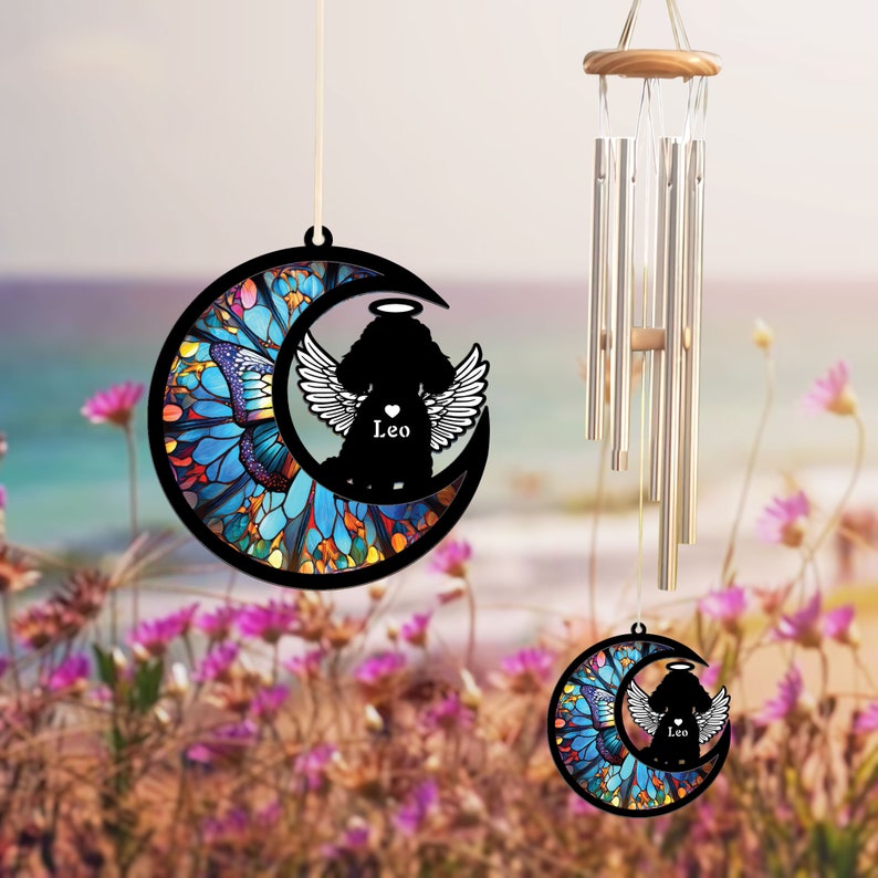 Custom Poodle Suncatcher Memorial Wind Chime, Pet Loss Sympathy Gift, Angel Wings and Halo, Butterfly Moon Pattern, Indoor Outdoor Decor image 7