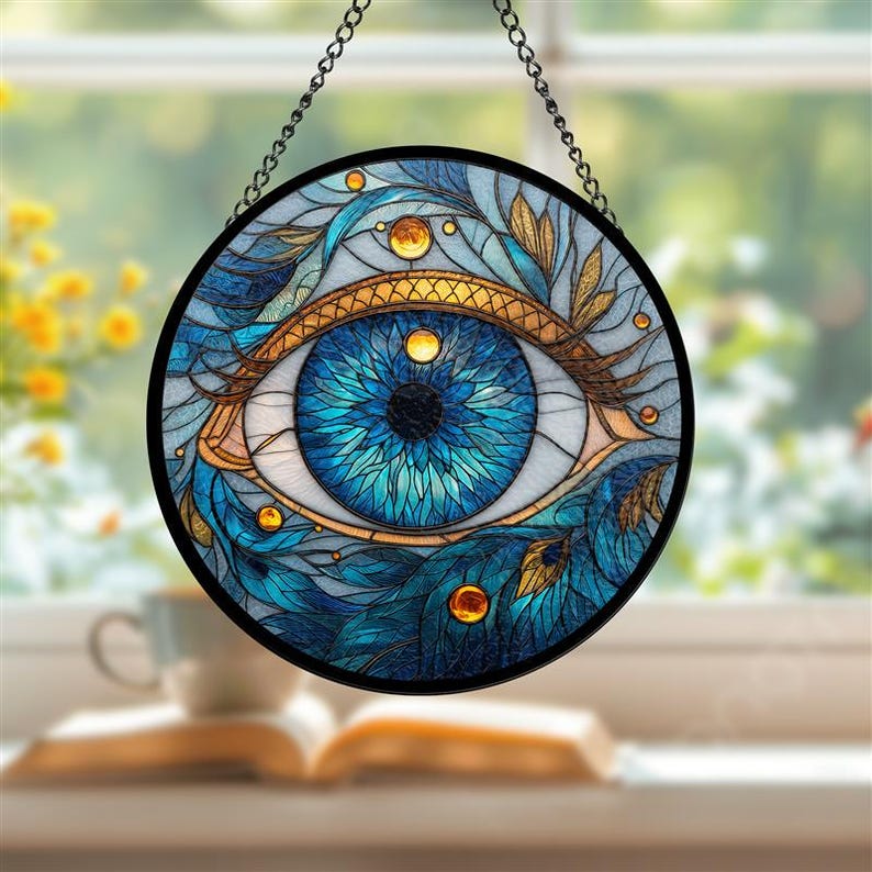 May include: Round stained glass art piece featuring a detailed blue eye design. The eye is surrounded by blue and gold floral elements, with a black border and hanging chain. The artwork is displayed in front of a window.