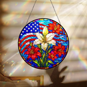 4th of July Suncatcher, Floral Lily American Flag Decor, Patriotic Summer Gift, Window Hanging, Independence Day, July 4th Home Decor