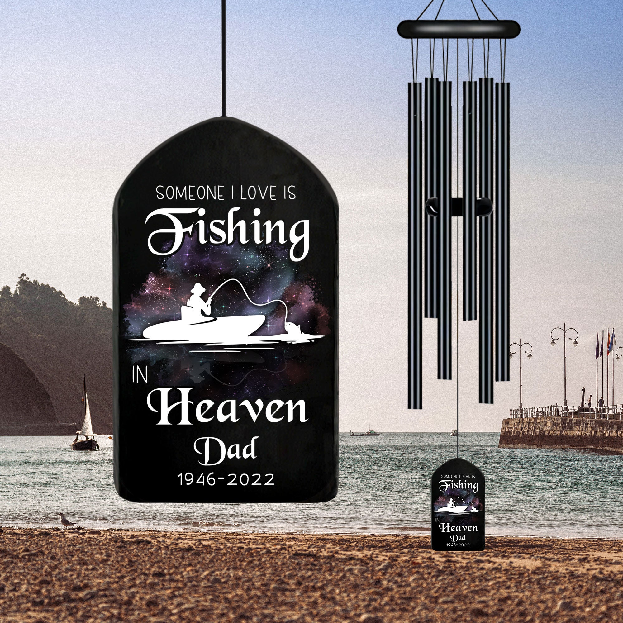 Fishing in Heaven Dad Memorial Black Wind Chime, Fishing Dad Sympathy Gift,  Father's Day Gift Loss of Dad, Fisherman Gift Outdoor Decor