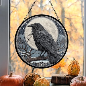 Raven Glass Suncatcher, Window Hanging, Unique Home Decor, Halloween Gift, Housewarming Gift,  Gothic Crow, Raven Sign