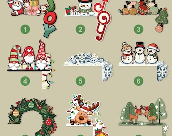 May include: Nine different Christmas corner shelf decorations. The decorations feature a variety of festive themes, including Santa Claus, snowmen, gnomes, reindeer, and Christmas wreaths. Each decoration is designed to be placed on a corner shelf and adds a touch of holiday cheer to any room.