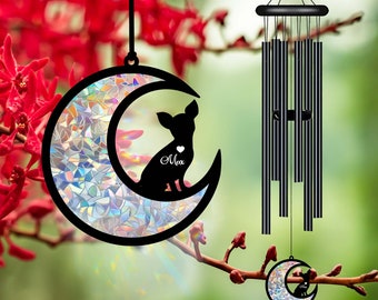 Custom Chihuahua Dog on Moon Suncatcher Black Wind Chime, Dog Memorial Wind Chime, Dog Lover Gift, Pet Loss Sympathy Gift, Window Hanging