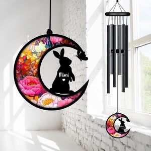 Custom Bunny Butterfly Suncatcher Black Wind Chime, Rabbit Memorial Wind Chime, Floral Wind Chime, Pet Loss Sympathy Gift, Bunny Lovers Gift