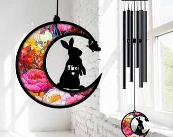 Custom Bunny Butterfly Suncatcher Black Wind Chime, Rabbit Memorial Wind Chime, Floral Wind Chime, Pet Loss Sympathy Gift, Bunny Lovers Gift