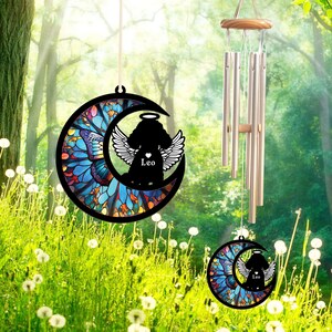 Custom Poodle Suncatcher Memorial Wind Chime, Pet Loss Sympathy Gift, Angel Wings and Halo, Butterfly Moon Pattern, Indoor Outdoor Decor image 4