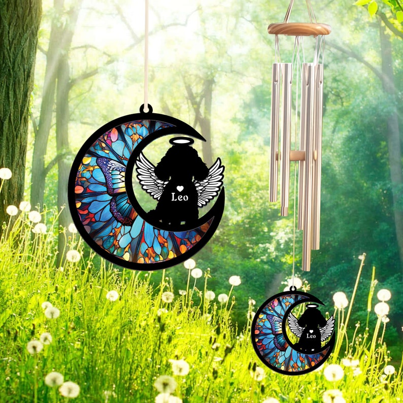 Custom Poodle Suncatcher Memorial Wind Chime, Pet Loss Sympathy Gift, Angel Wings and Halo, Butterfly Moon Pattern, Indoor Outdoor Decor image 4