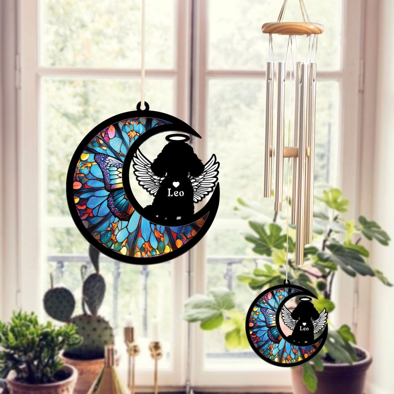 Custom Poodle Suncatcher Memorial Wind Chime, Pet Loss Sympathy Gift, Angel Wings and Halo, Butterfly Moon Pattern, Indoor Outdoor Decor image 5