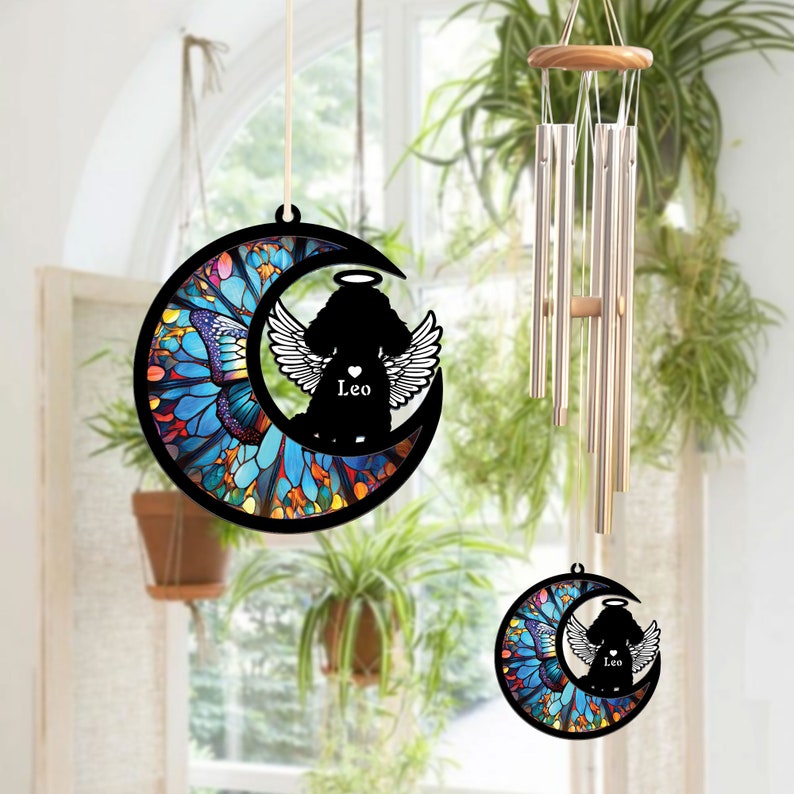 Custom Poodle Suncatcher Memorial Wind Chime, Pet Loss Sympathy Gift, Angel Wings and Halo, Butterfly Moon Pattern, Indoor Outdoor Decor image 2