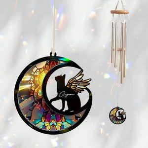Custom Cat with Wings Suncatcher Wind Chime, Cat Memorial Wind Chime, Pet Loss Sympathy Gift, Loss of Cat Remembrance Gift, Cat on Moon