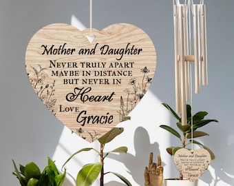 Personalized Mother Daughter Wind Chime, Wood Heart Detail