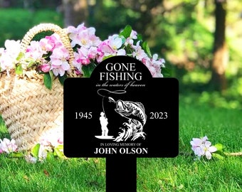 Custom Fishing Memorial Stake Acrylic, Black Bass Fishing Sign, Gone Fishing in Heaven Sympathy Gift, Gift For Fisherman, Grave Marker