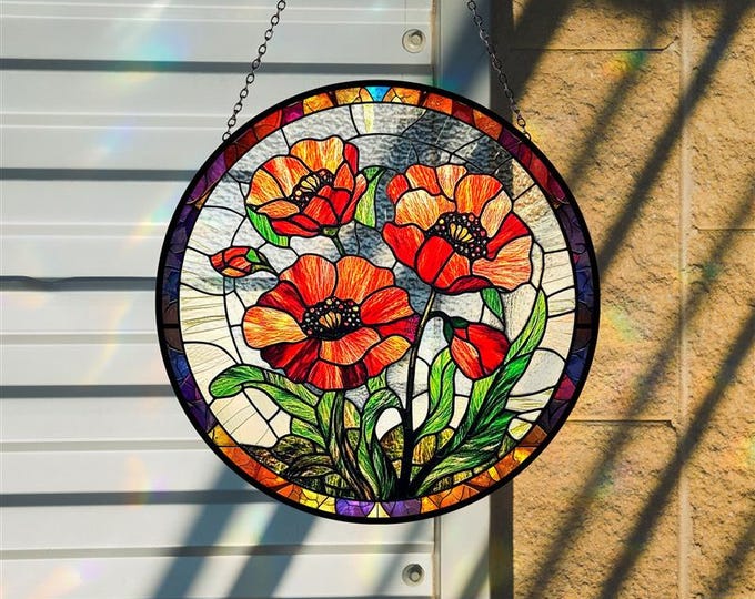 Poppy Flowers Suncatcher, Stained Glass Plant Home Decor, Unique Botanical Art Window Hanging, Artistic Poppy, Memory Day, Nana's Blessings