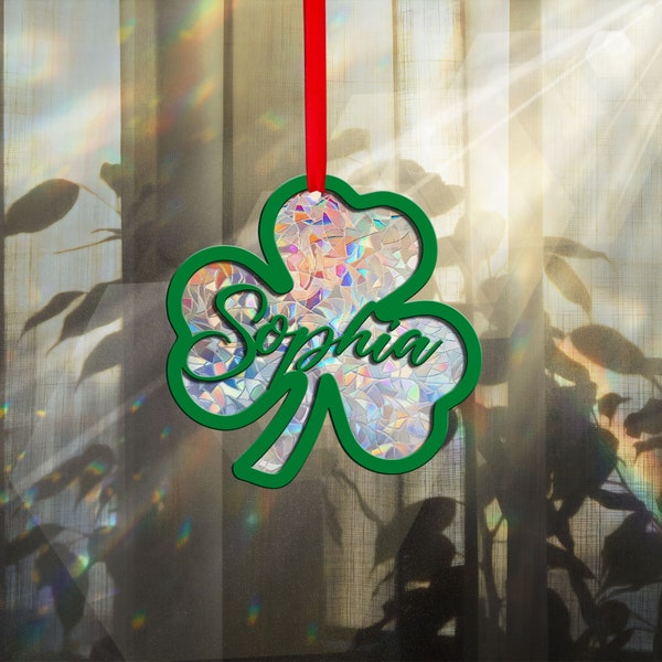 Custom Shamrock with Name Suncatcher Ornament, Three Leaf Clover Lucky Gift, St Patricks Day, Green Ornaments, Birthday Gift, Christmas Gift