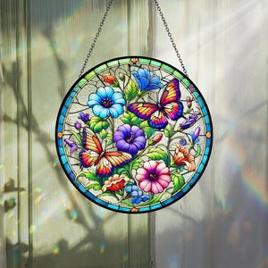 Butterfly Stained Glass Suncatcher, Butterfly and Flower Suncatcher, Christmas Decor, Window Hanging, Garden Decor, Unique Gift For Mom