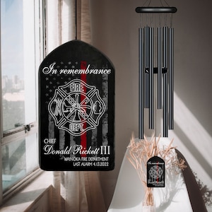 Custom Fireman Memorial Black Wind Chime, Garden Decor, Firefighter Loss Wind Chime, 4th of July, Sympathy Gift,In Loving Memory,Remembrance