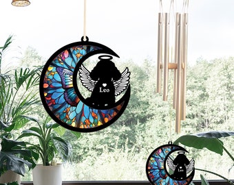 Custom Poodle Suncatcher Memorial Wind Chime, Pet Loss Sympathy Gift, Angel Wings and Halo, Butterfly Moon Pattern, Indoor Outdoor Decor