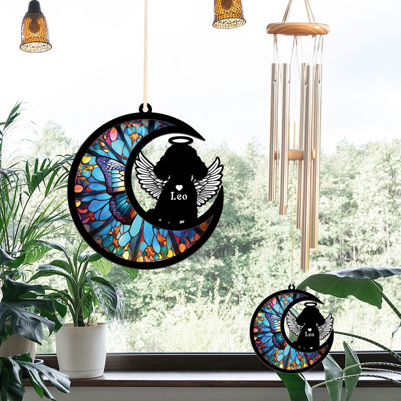 Custom Poodle Suncatcher Memorial Wind Chime, Pet Loss Sympathy Gift, Angel Wings and Halo, Butterfly Moon Pattern, Indoor Outdoor Decor image 1