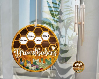 Personalized Grandkids Name Bee Hive Wind Chime, Mother's Day Gift for Grandma Nana Mimi Gigi, Grandbabees Decor, Birthday Gift