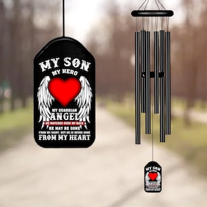 My Son My Hero My Guardian Angel Memorial Black Wind Chime, Loss of Son, Remembrance Wind Chime, Sympathy Gift for Parents, Bereavement Gift