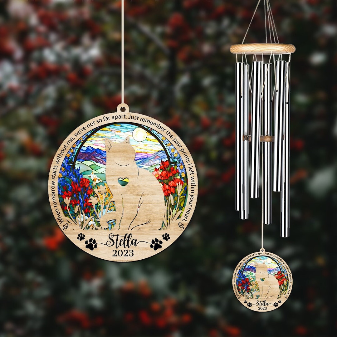 Custom Pet Cat Memorial Suncatcher Wind Chime, Pet Loss Sympathy Gift