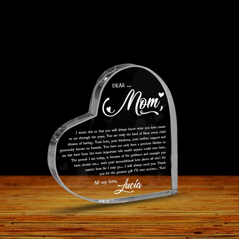 Personalized Thank You Mom Heart Acrylic Plaque, Mother's Day Gift from Daughter or Son, Mom Birthday Gift, Letter to Mom Gift image 1