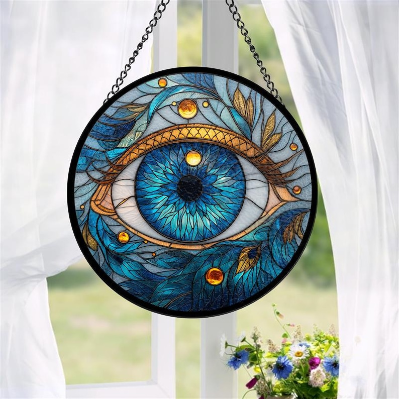 May include: A round stained glass window hanging from a chain. The window features a detailed eye design with shades of blue, gold, and teal. The eye is surrounded by ornate floral and feather-like patterns, with a black border.