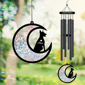 Custom Doberman Pinscher on Moon Suncatcher Black Wind Chime, Dog Memorial Wind Chime, Dog Lover Gift, Pet Loss Sympathy Gift Window Hanging