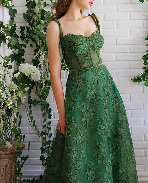 Dark Green Lace Wedding Gownfairy Long Sweetheart Lace Prom - Etsy
