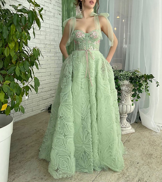 Sea Foam Jewel Gownfairy Green Long Sweetheart Tulle Prom - Etsy