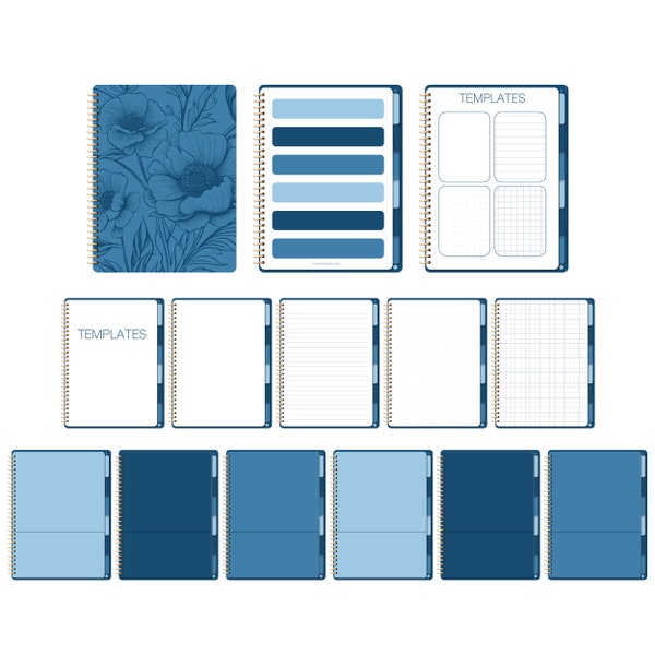 Goodnotes Notebook with Tabs - Digital Notebook with Hyperlinks - Floral Goodnotes Notebook with Templates - 6-Subjects - Blue Notebook PDF