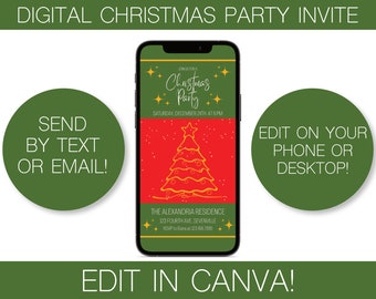 Digital Christmas Party Invitation - Textable Invitation, Editable Christmas Party Invitation Template - Canva Template for Christmas Party