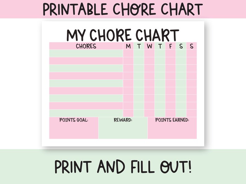 Printable Chore Chart Template - Chore Chart for Teens - Daily Chore Chart - Blank Chore Chart ...