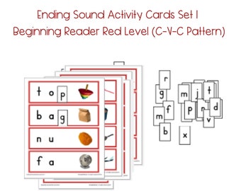 May include: A set of printable activity cards for beginning readers. The cards feature pictures and words with a C-V-C pattern. The cards are designed to help children learn to identify ending sounds. The text on the cards reads "Ending Sound Activity Cards Set I Beginning Reader Red Level (C-V-C Pattern)".