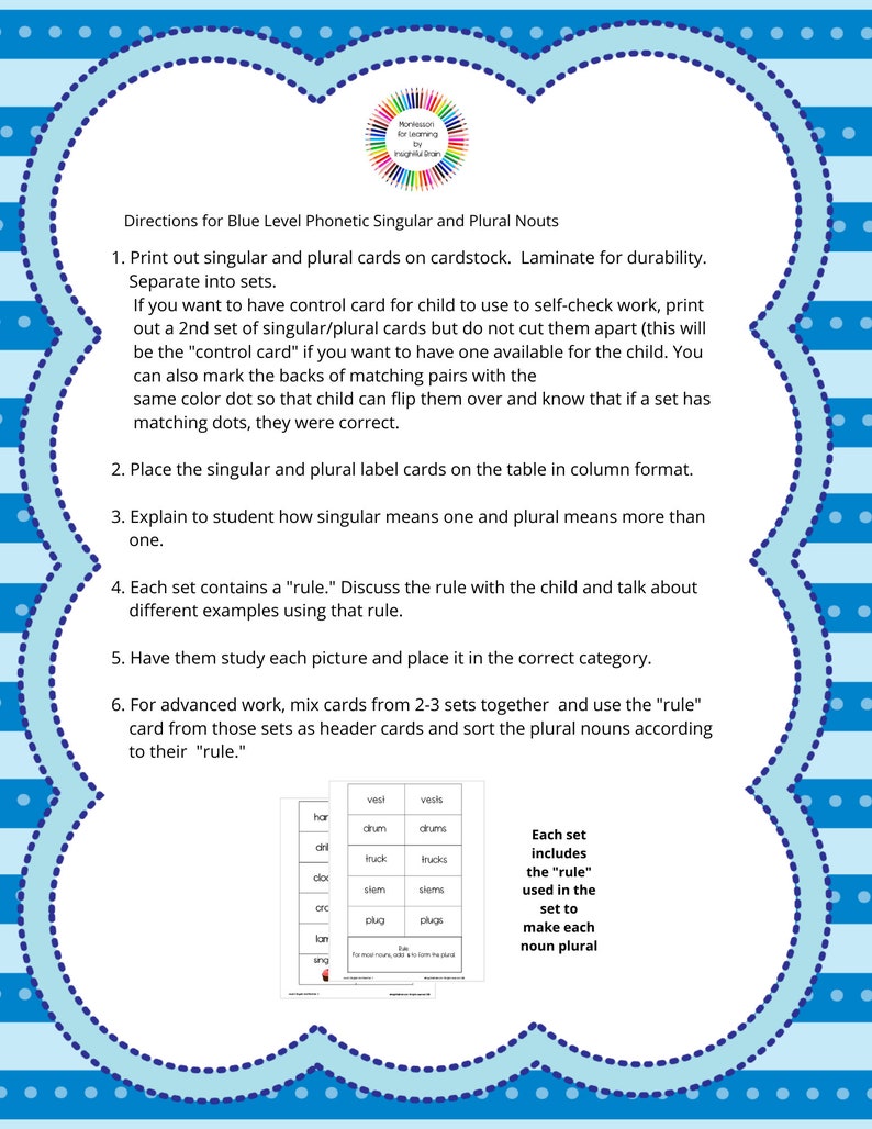 Singular and Plural Activity Cards Level 2 Blue Level, Montessori Shelf