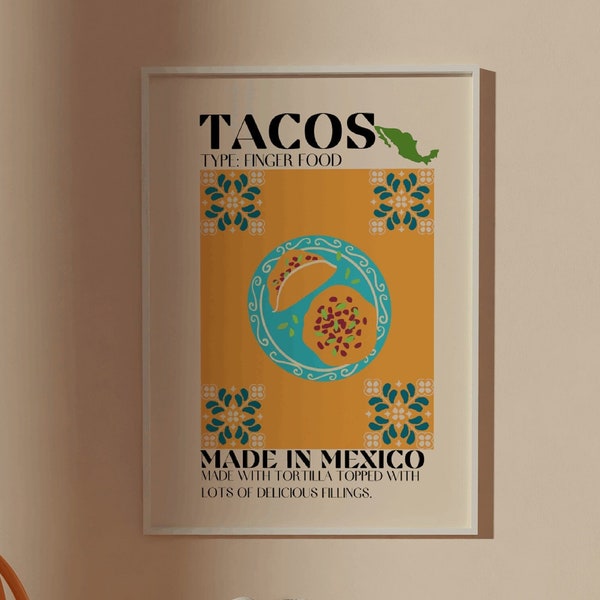 TACOS ART, MEXICAN Food Art, Mexican Kitchen Art, Tacos Print, Tacos Poster, Tacos Decor,Taco Bar, Taco With Mexican Wall Art For Home Decor