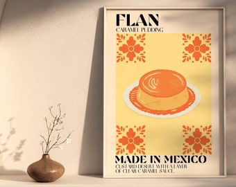 Flan Postre Arte Mexicano Impresión Digital, Arte de pared de comida mexicana, Arte Mexicano, Arte de cocina, Arte de pared de moda, Impresión en Español, Arte español