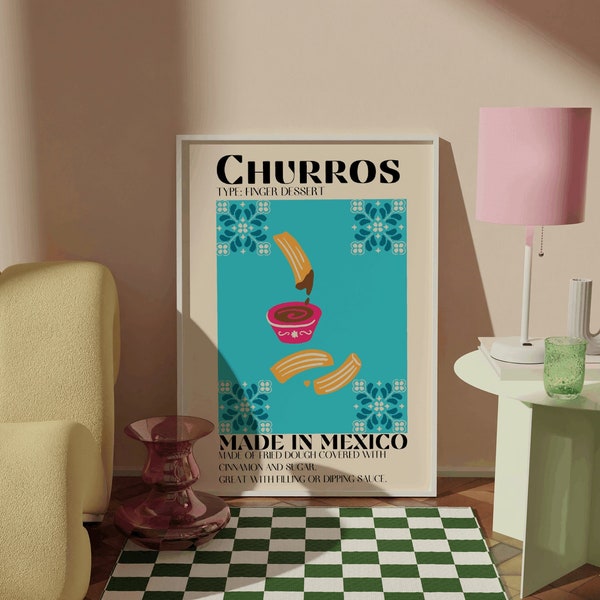 Churros, Mexican Art Digital Print, Mexican Food, Kitchen Wall Art, Food Decor, Restaurant Art, Poster, Home Decor, Blue, Comida Mexicana