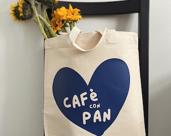 Tote bag “Cafe con pan”, Canvas Tote Bag, Personalized Tote, Tote Bag Aesthetic, Shoulder Bag, Custom Tote, Reusable Grocery Bag