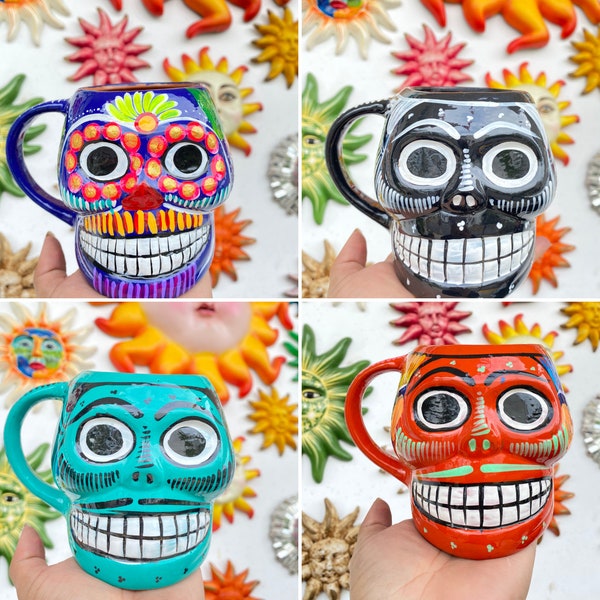 Skull mugs made by artisan mexico with clay day of death taza coffee mug tea dia de muertos calavera