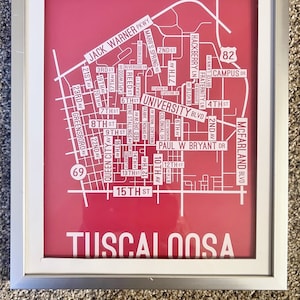 Tuscaloosa Alabama Downtown kaart afdrukken ingelijst in 8 x 10 Crimson Tide