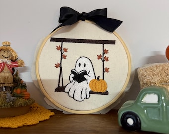 Ghost on Swing Embroidery Hoop Decor | Spooky Cute Cottagecore Halloween Wall Art | Playful Autumn Décor