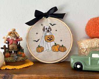 Ghost Dog Halloween Embroidery Hoop Decor | Trick or Treat Wall Art | Cottagecore Spooky Décor